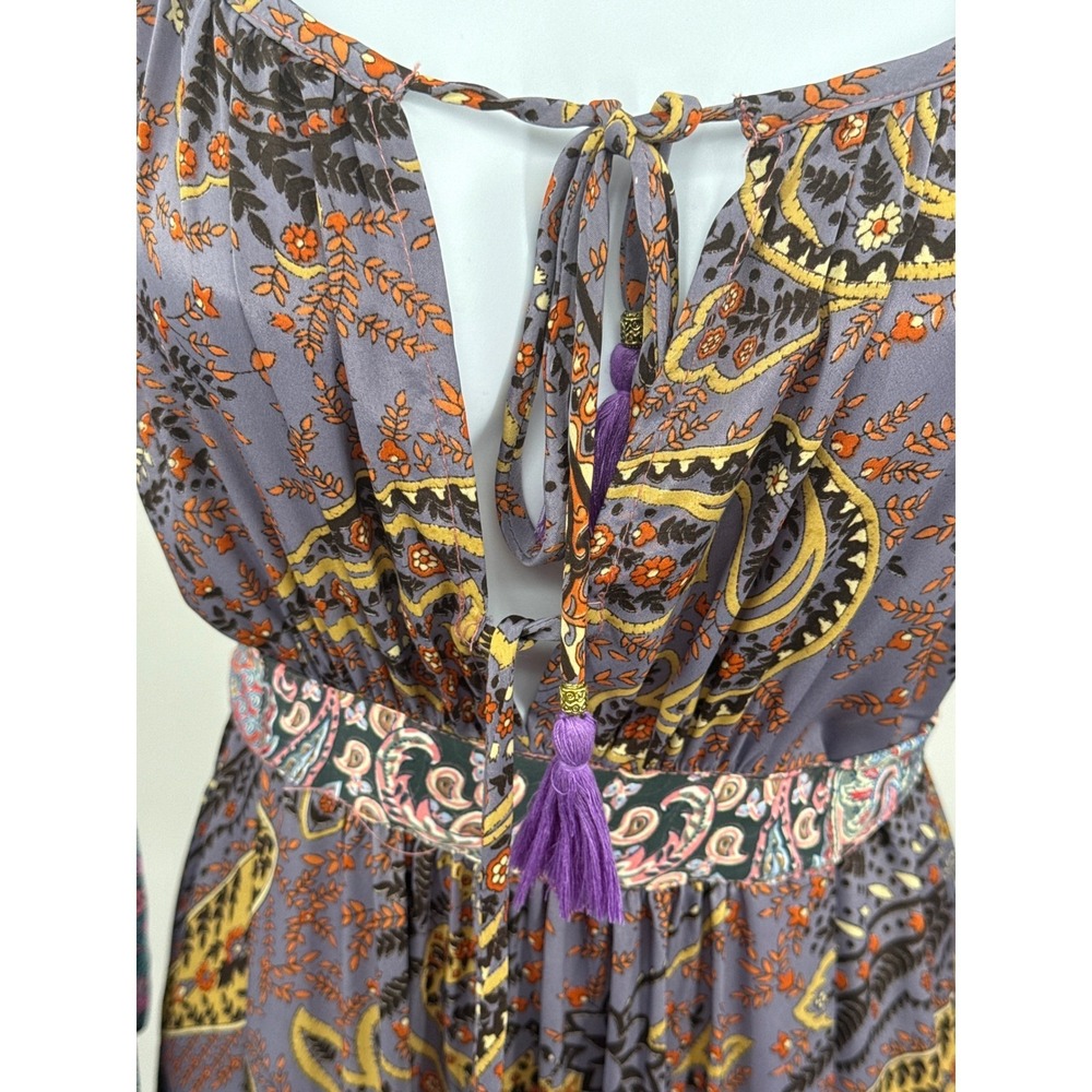 Boho Mixed Paisley Floral Tiered Maxi Dress Purple Pink Tassel Tie Waist Women - Picture 7 of 10